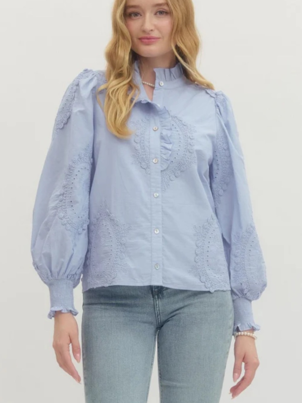 New Light Blue Crochet Lace Eyelet Puff-Sleeve Button Down Blouse